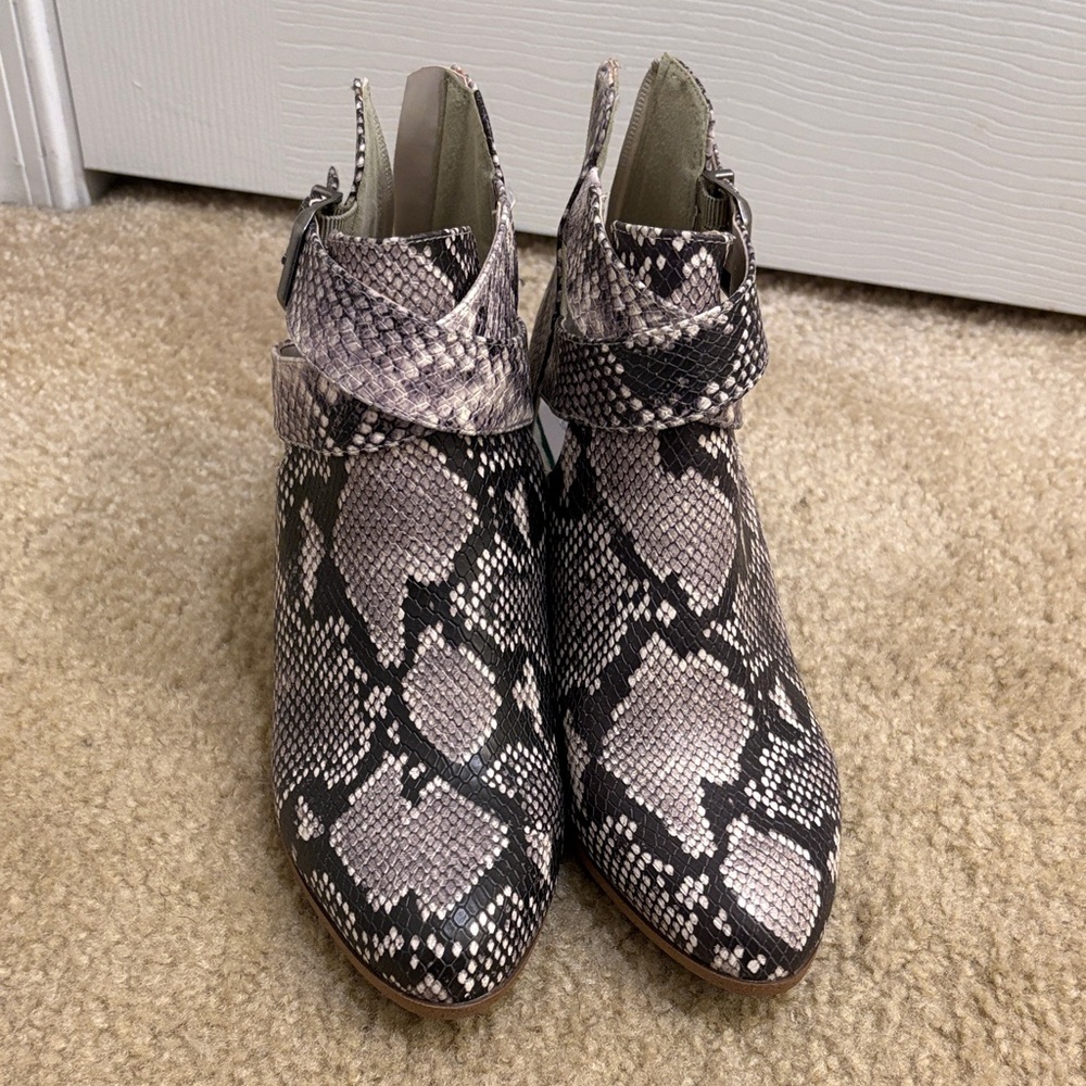 Fergalicious Gray Snake-Print Pointed Ankle Booties